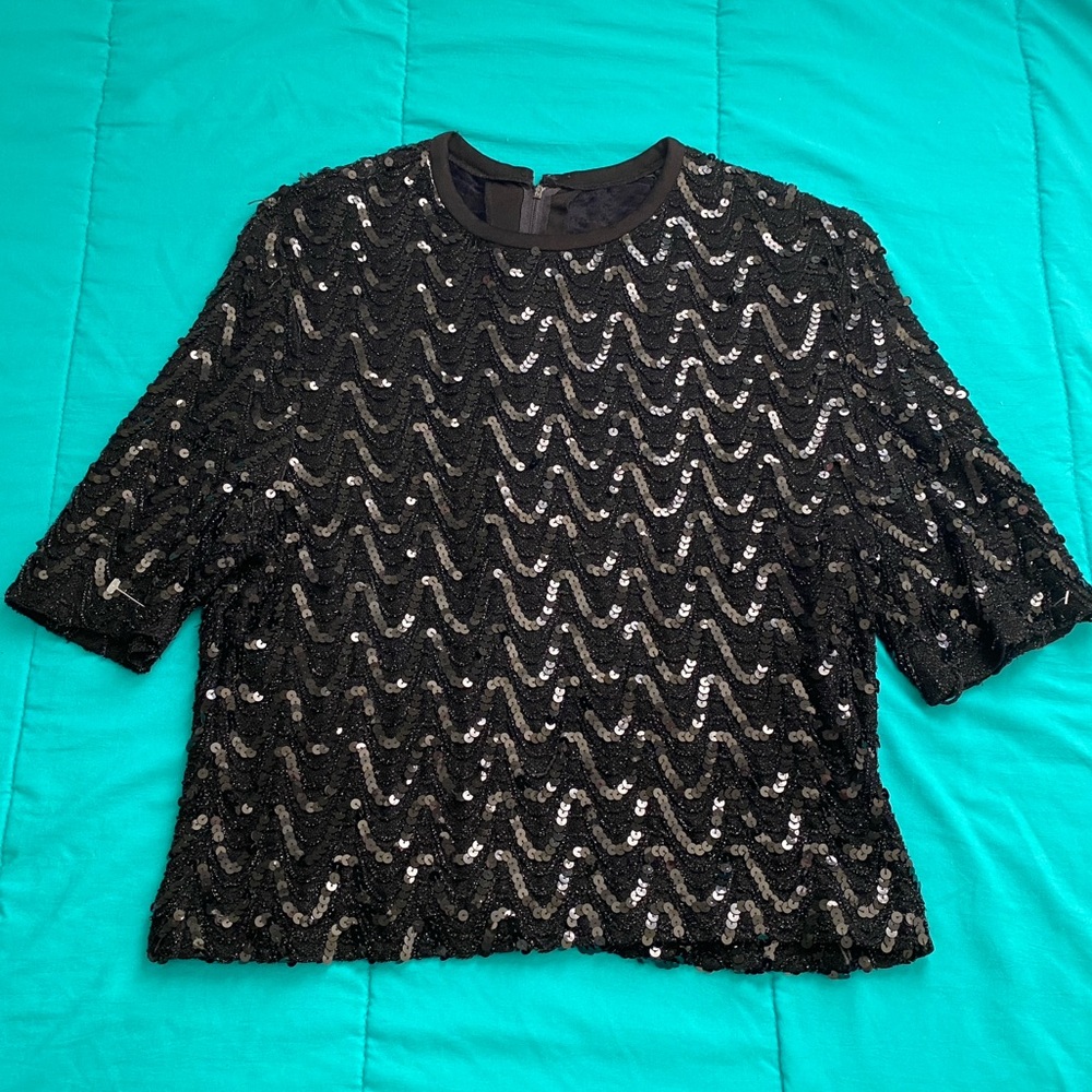 Vintage 70s 80s Black Sequins Glam Three Flaggs Top